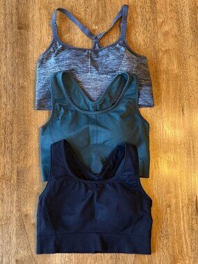all in motion Sports Bra Trio — Heather Gray, Forest Green, Black. Size XL